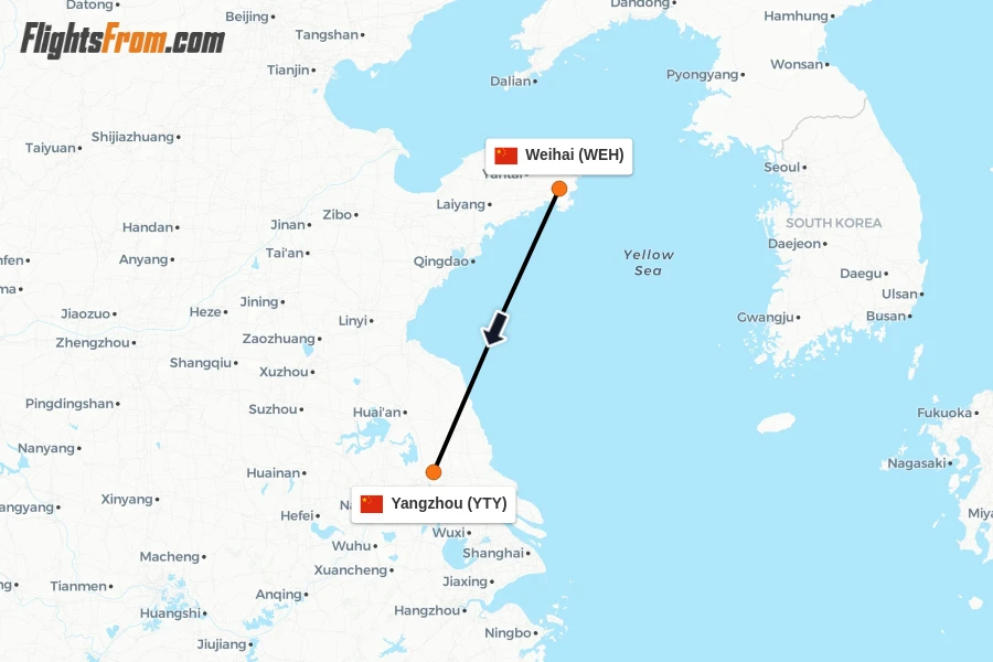 Flights from Weihai to Yangzhou route map