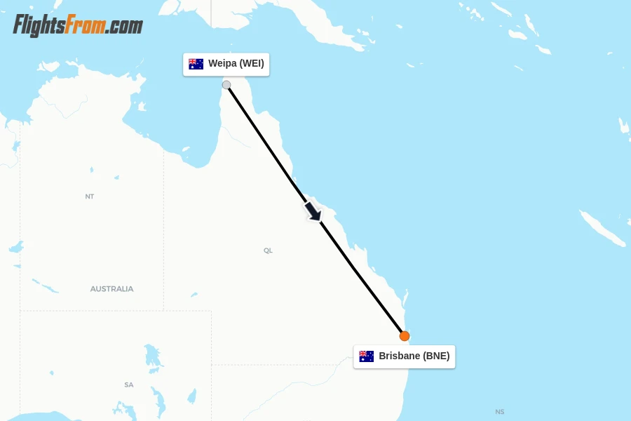 Flights from Weipa to Brisbane route map