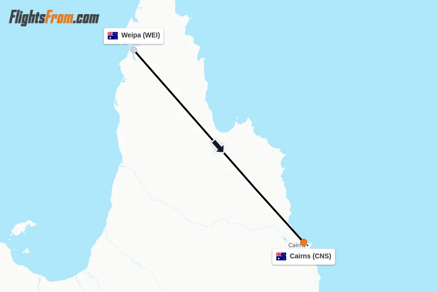 Flights from Weipa to Cairns route map