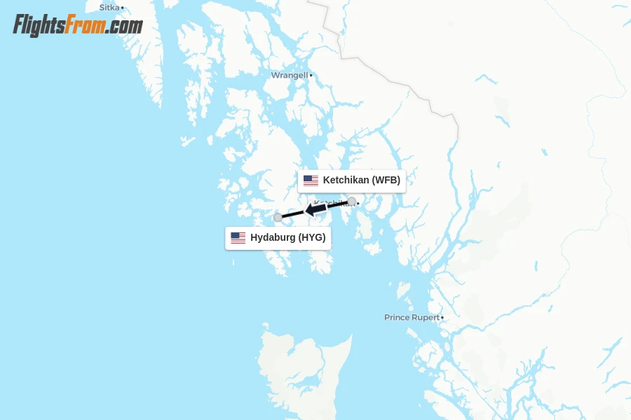 Flights from Ketchikan to Hydaburg route map