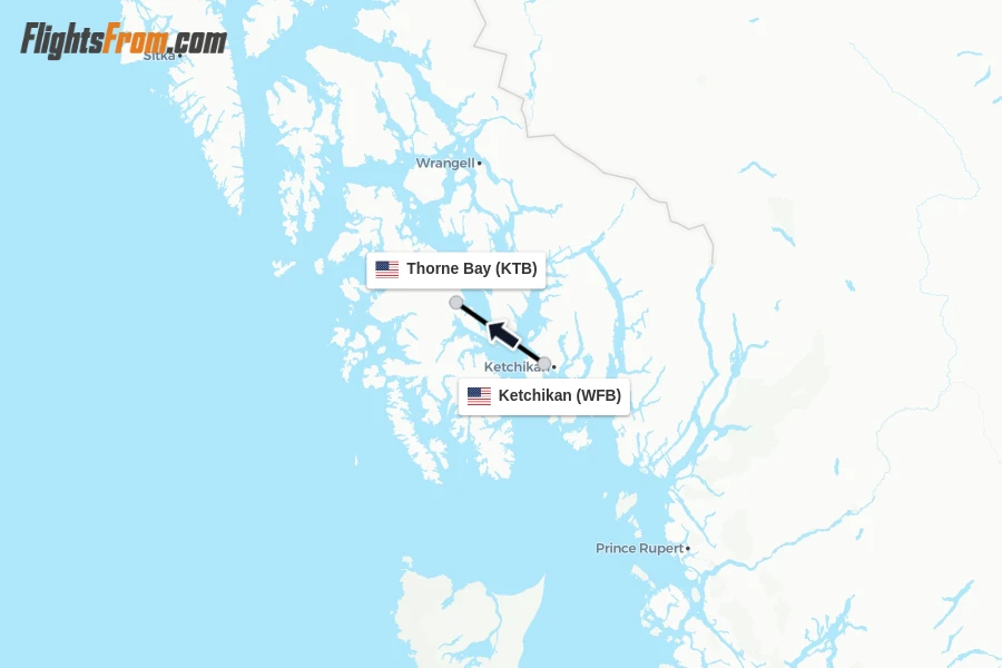 Flights from Ketchikan to Thorne Bay route map