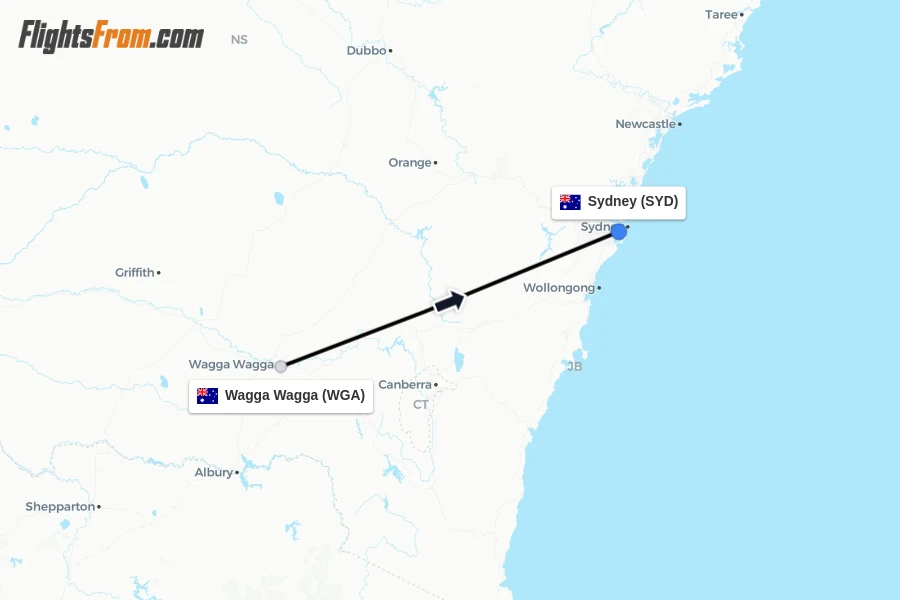 Flights from Wagga Wagga to Sydney route map