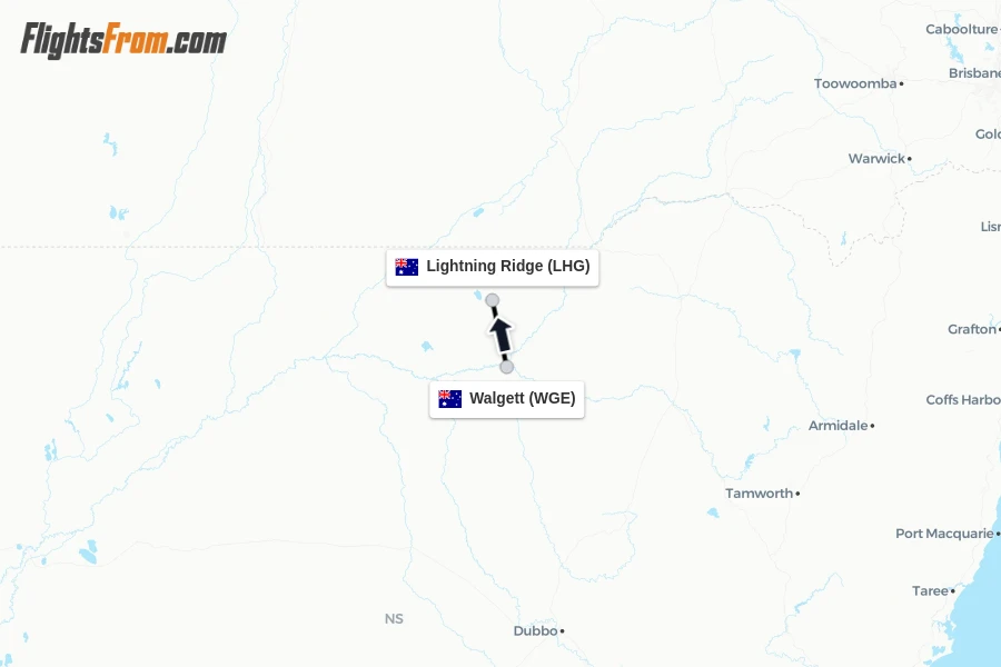 Flights from Walgett to Lightning Ridge route map