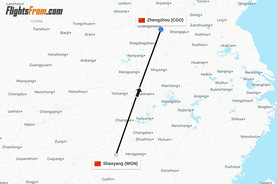 Flights from Shaoyang to Zhengzhou route map