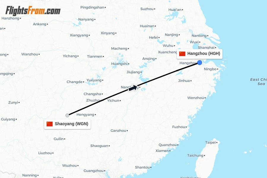 Flights from Shaoyang to Hangzhou route map