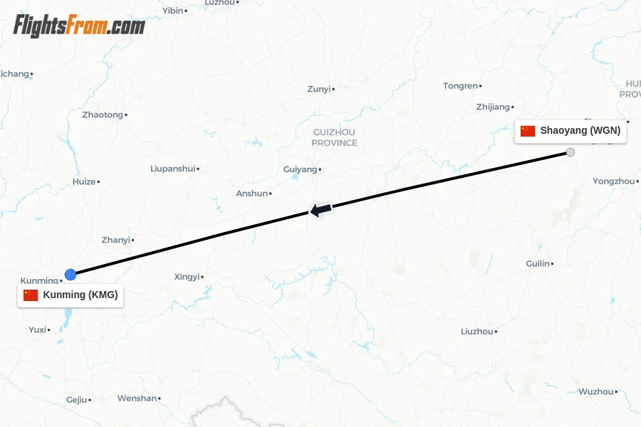 Flights from Shaoyang to Kunming route map