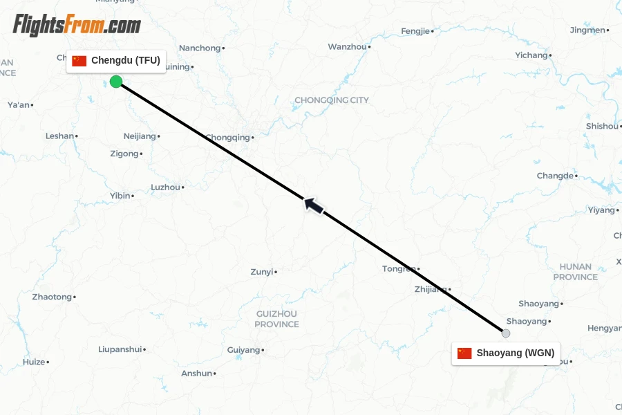 Flights from Shaoyang to Chengdu route map