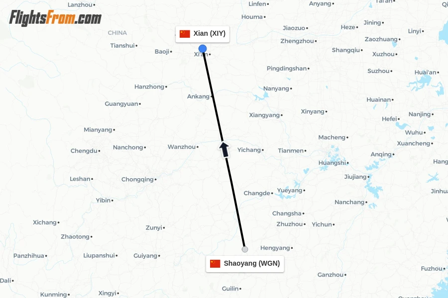 Flights from Shaoyang to Xian route map