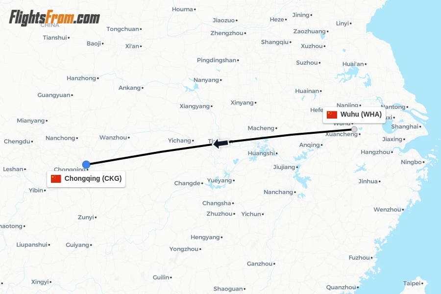 Flights from Wuhu to Chongqing route map