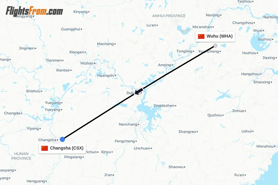 Flights from Wuhu to Changsha route map
