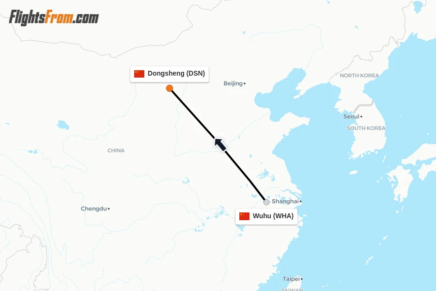 Flights from Wuhu to Dongsheng route map