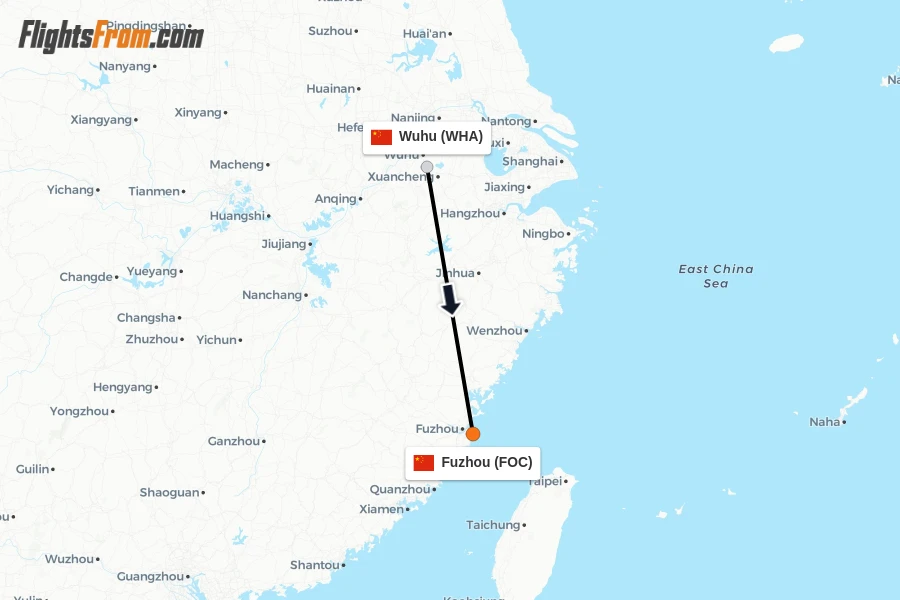 Flights from Wuhu to Fuzhou route map