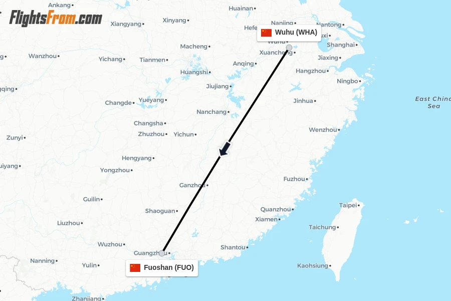 Flights from Wuhu to Fuoshan route map