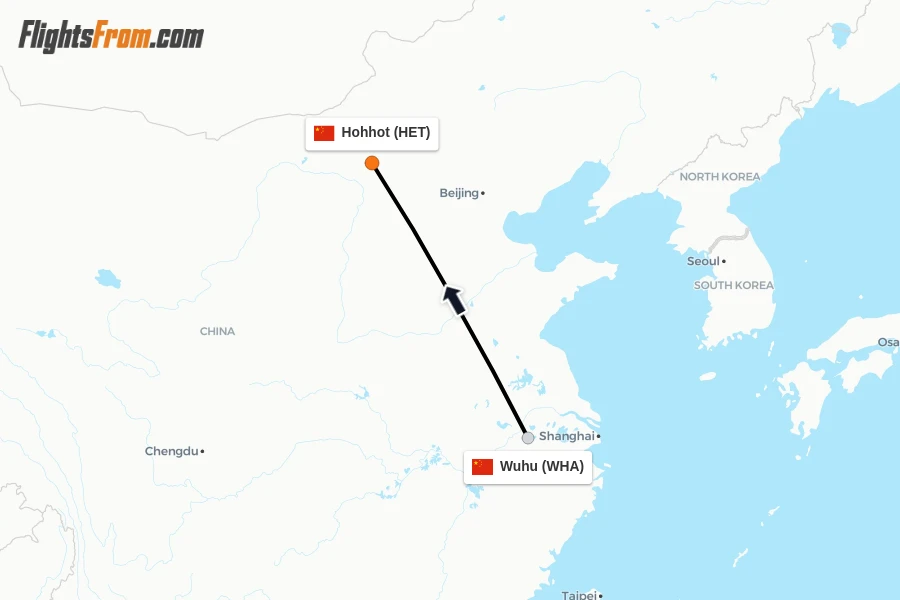 Flights from Wuhu to Hohhot route map