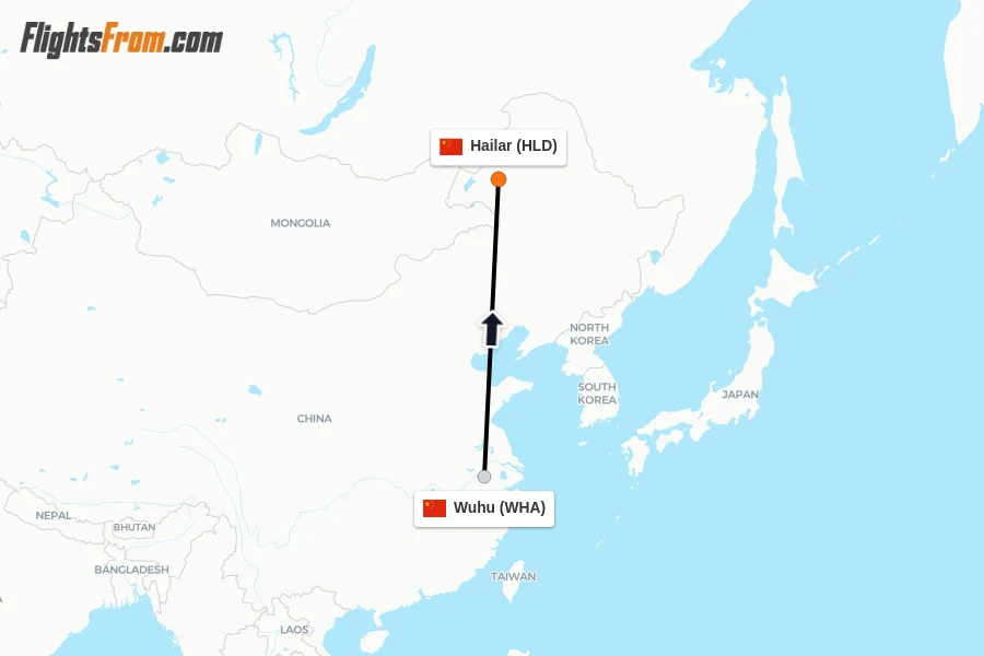 Flights from Wuhu to Hailar route map