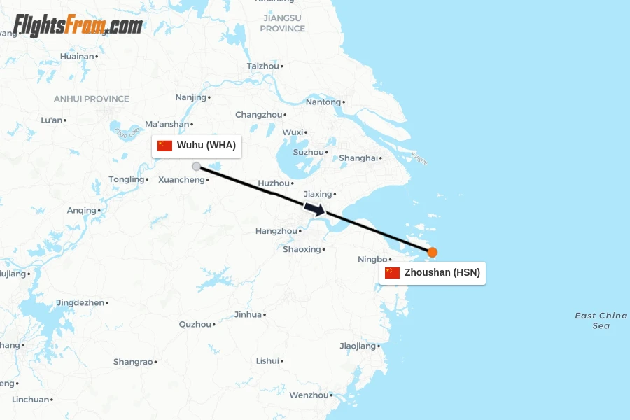 Flights from Wuhu to Zhoushan route map