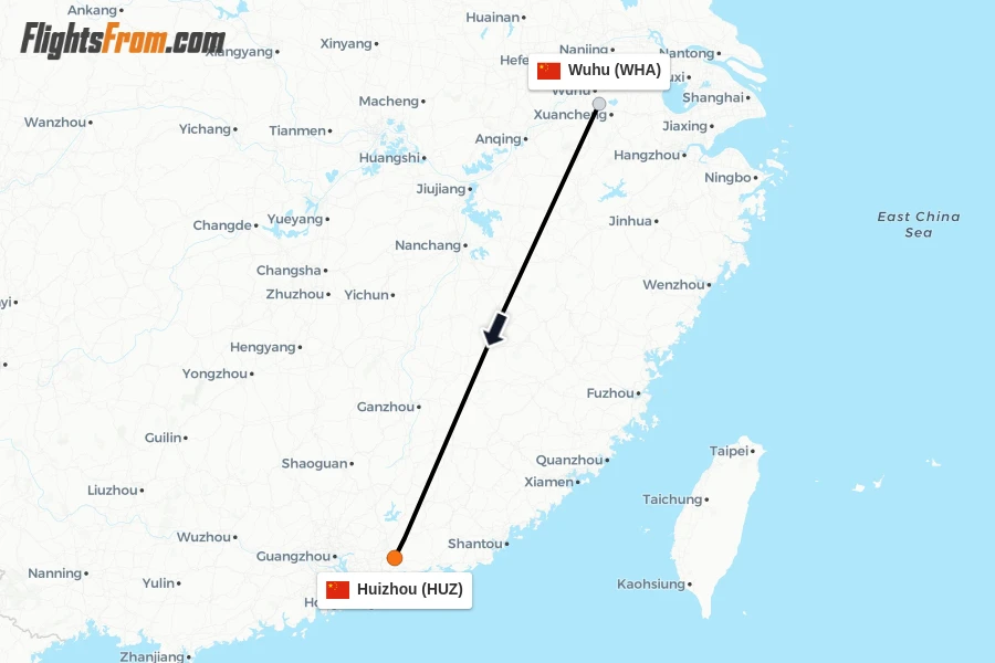 Flights from Wuhu to Huizhou route map