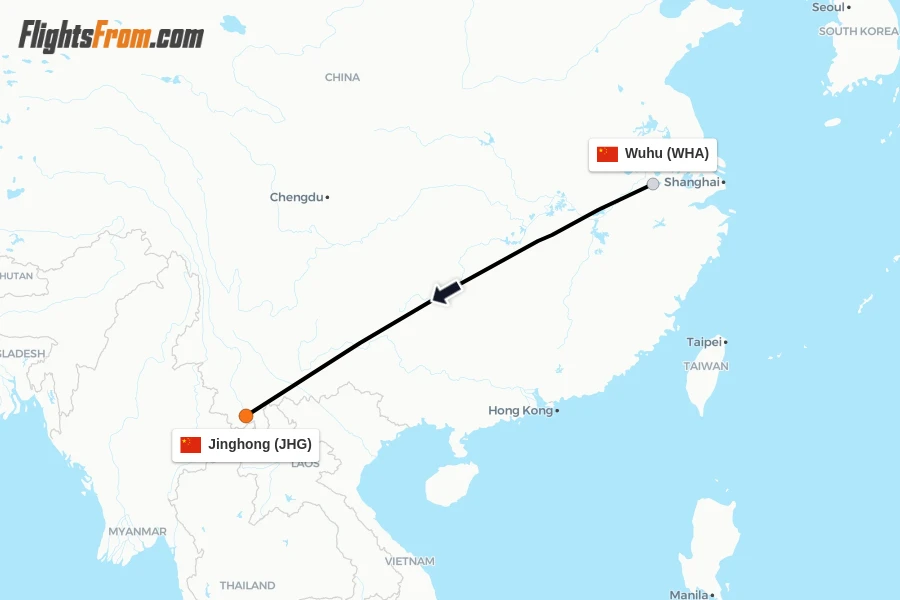 Flights from Wuhu to Jinghong route map