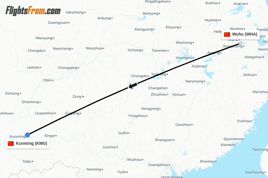 Flights from Wuhu to Kunming route map