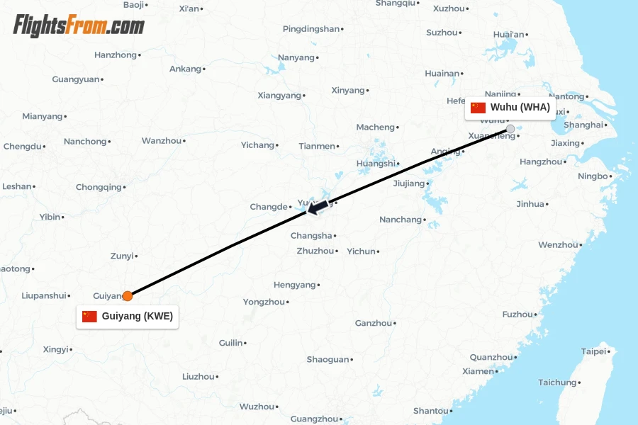 Flights from Wuhu to Guiyang route map