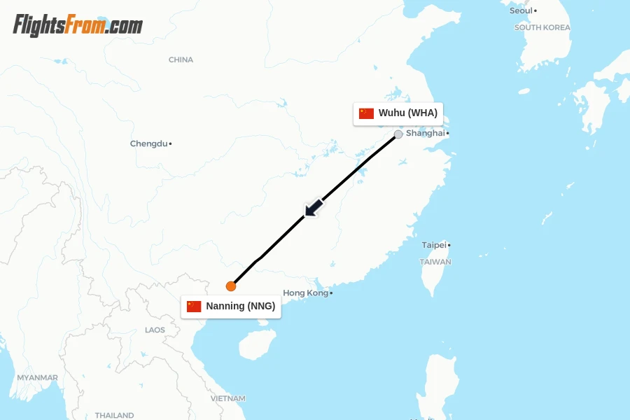 Flights from Wuhu to Nanning route map