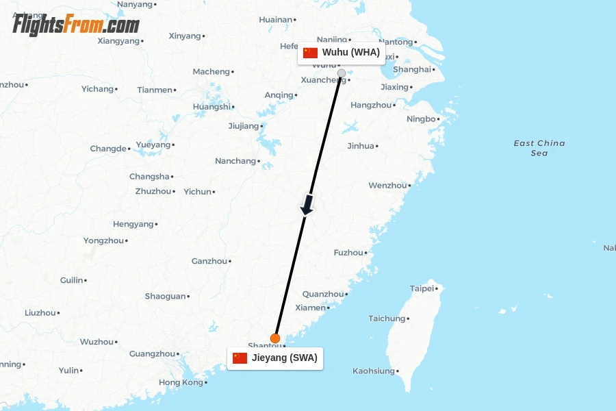 Flights from Wuhu to Jieyang route map