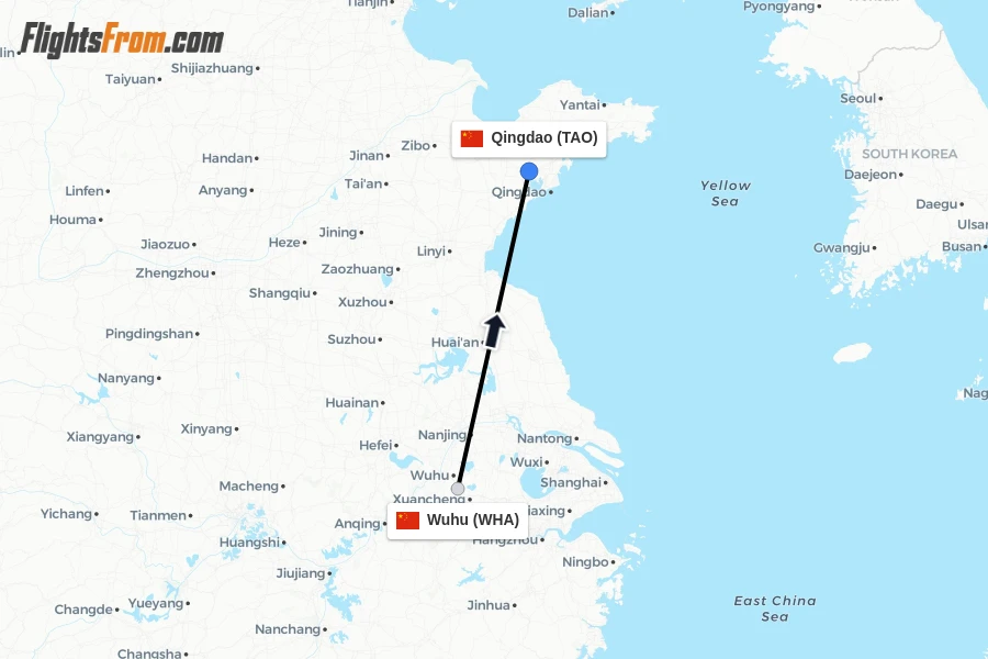Flights from Wuhu to Qingdao route map