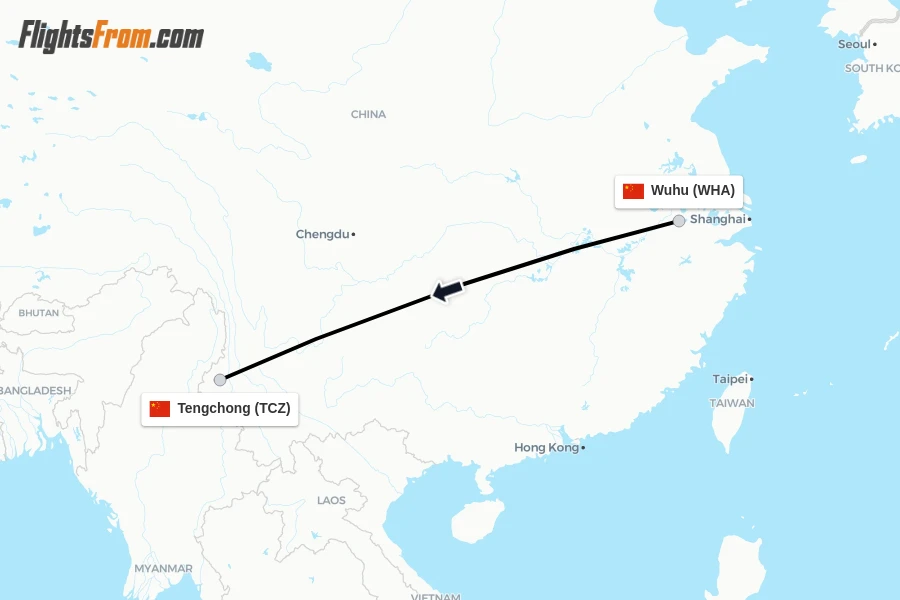 Flights from Wuhu to Tengchong route map