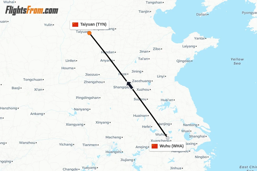 Flights from Wuhu to Taiyuan route map