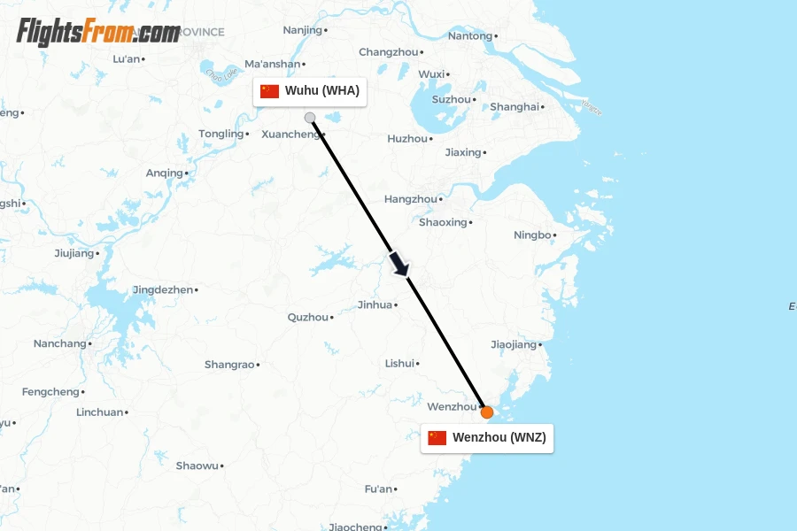 Flights from Wuhu to Wenzhou route map