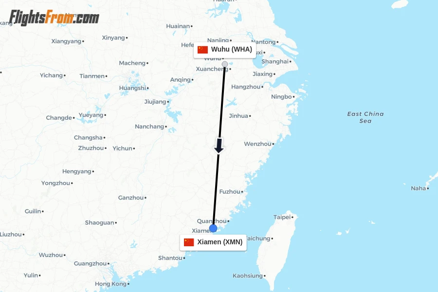 Flights from Wuhu to Xiamen route map