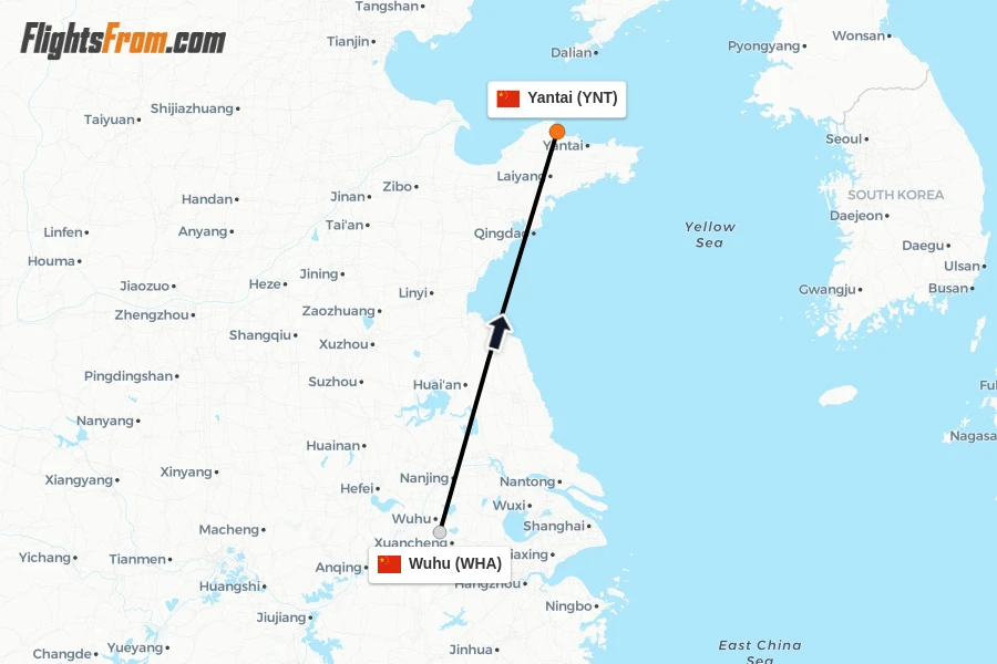Flights from Wuhu to Yantai route map