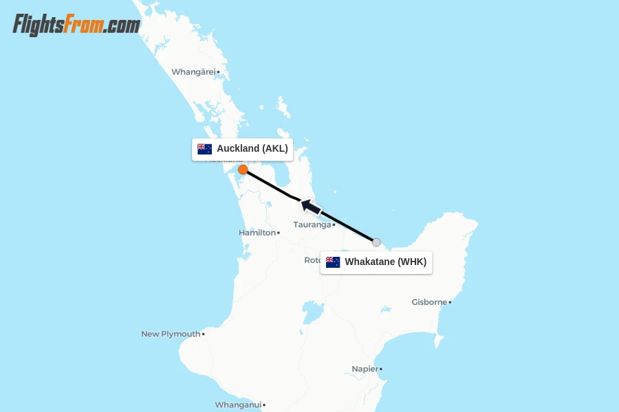 Flights from Whakatane to Auckland route map