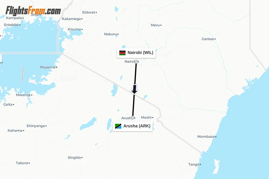 Flights from Nairobi to Arusha route map