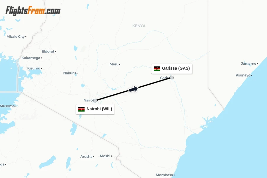 Flights from Nairobi to Garissa route map