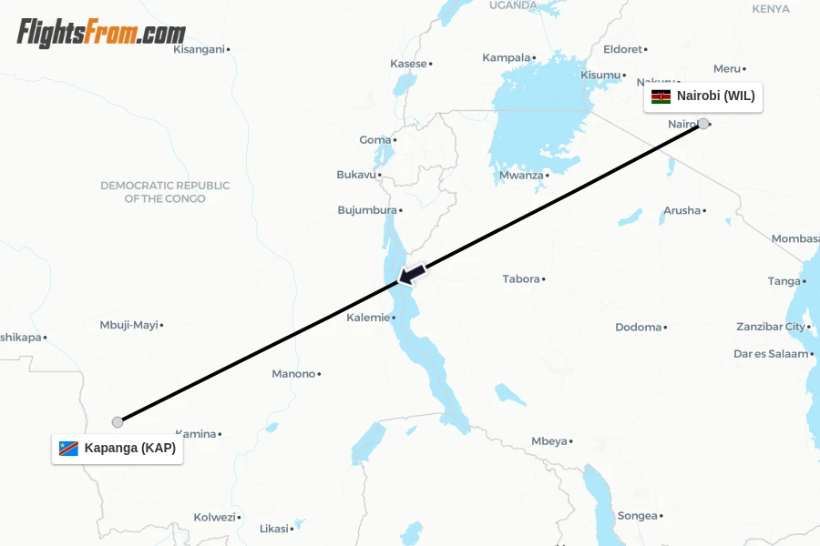 Flights from Nairobi to Kapanga route map