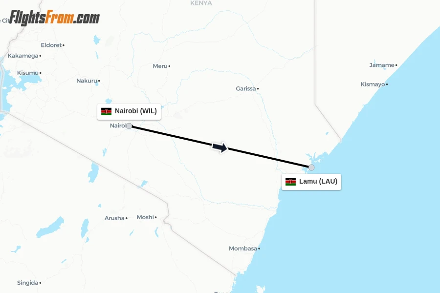 Flights from Nairobi to Lamu route map