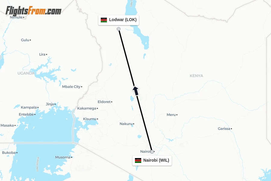 Flights from Nairobi to Lodwar route map