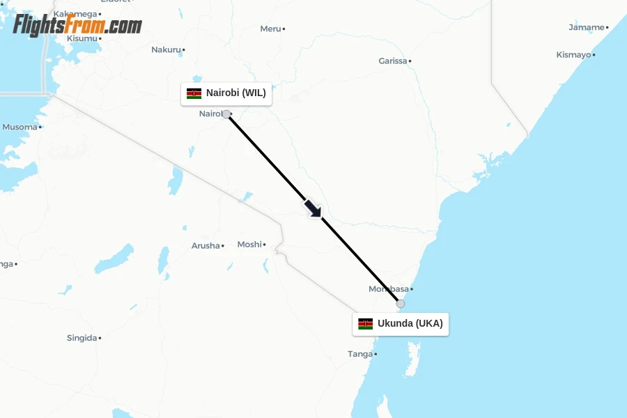 Flights from Nairobi to Ukunda route map