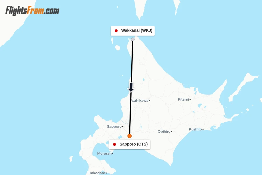 Flights from Wakkanai to Sapporo route map