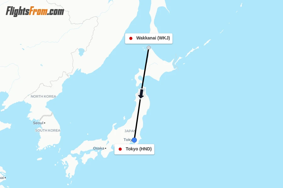Flights from Wakkanai to Tokyo route map