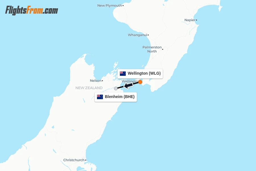 Flights from Wellington to Blenheim route map
