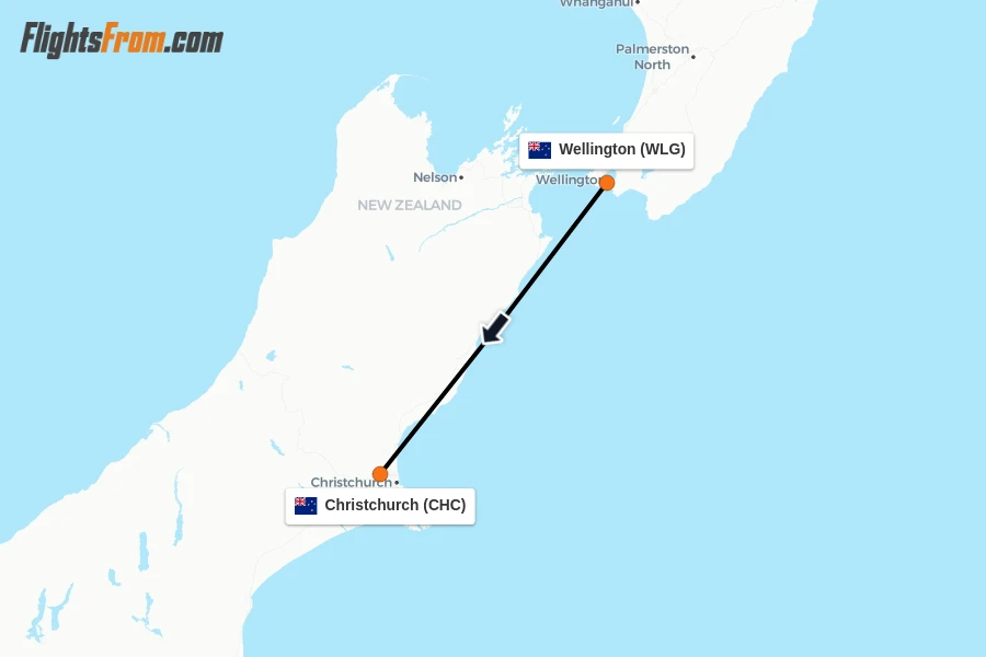 Flights from Wellington to Christchurch route map