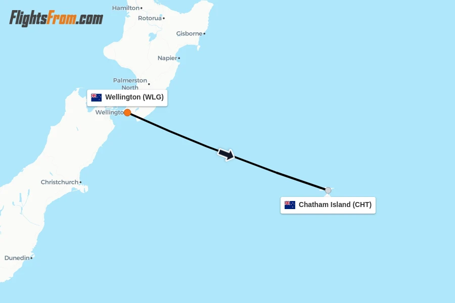 Flights from Wellington to Chatham Island route map