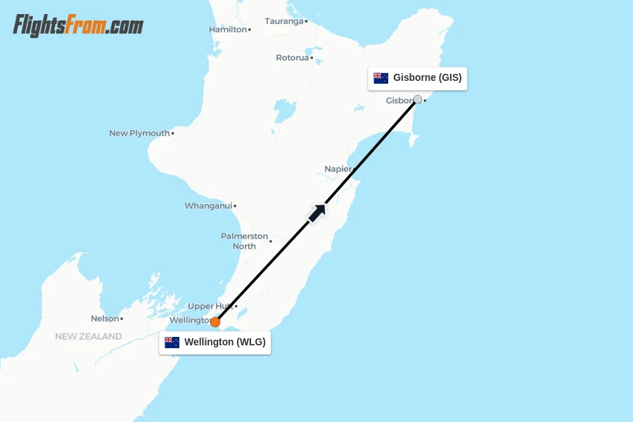 Flights from Wellington to Gisborne route map