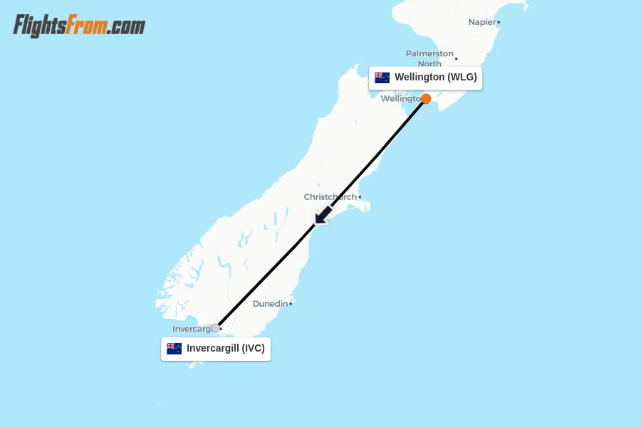 Flights from Wellington to Invercargill route map