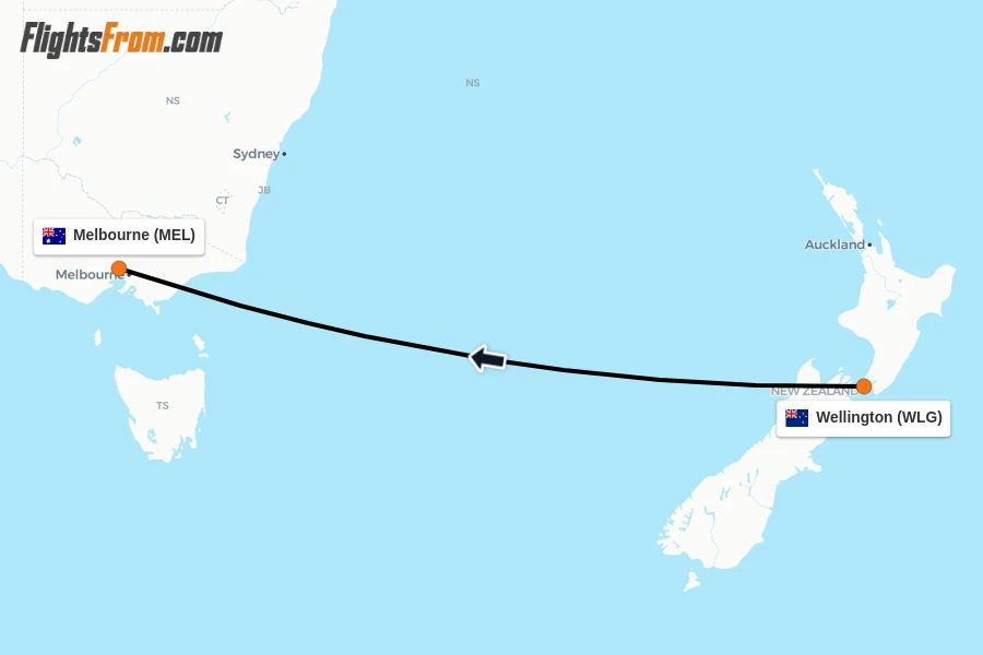 Flights from Wellington to Melbourne route map