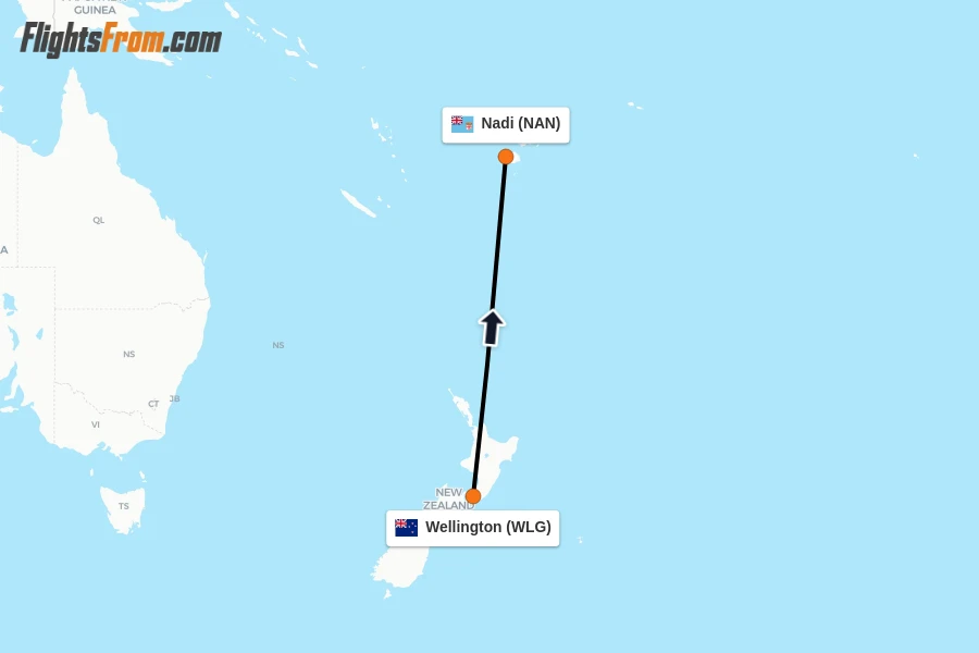 Flights from Wellington to Nadi route map