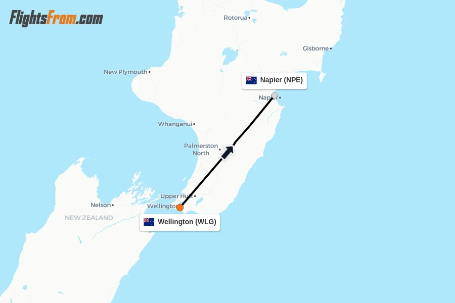 Flights from Wellington to Napier route map