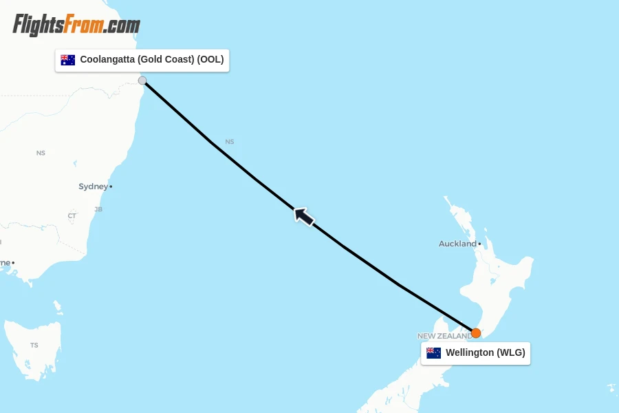 Flights from Wellington to Coolangatta (Gold Coast) route map